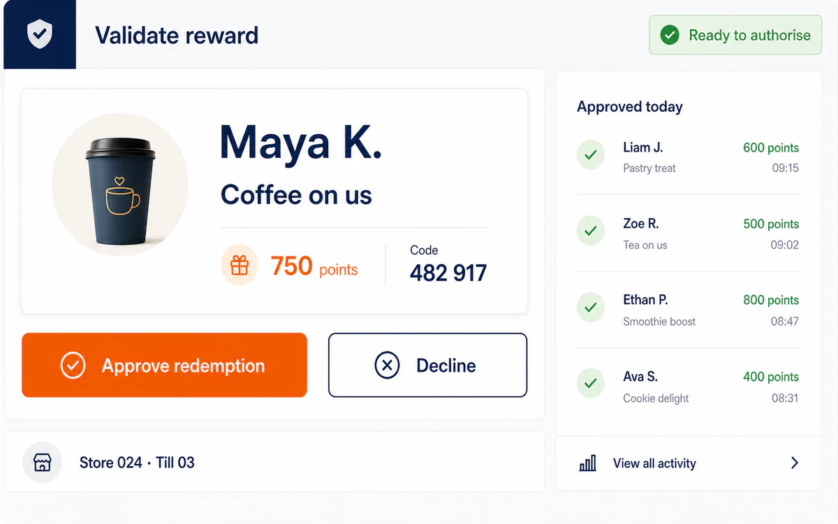 Jawali merchant screen for reviewing and authorising a customer reward redemption