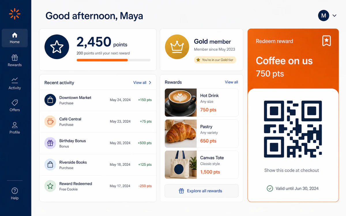Jawali shopper loyalty app showing points, membership status, rewards and recent activity